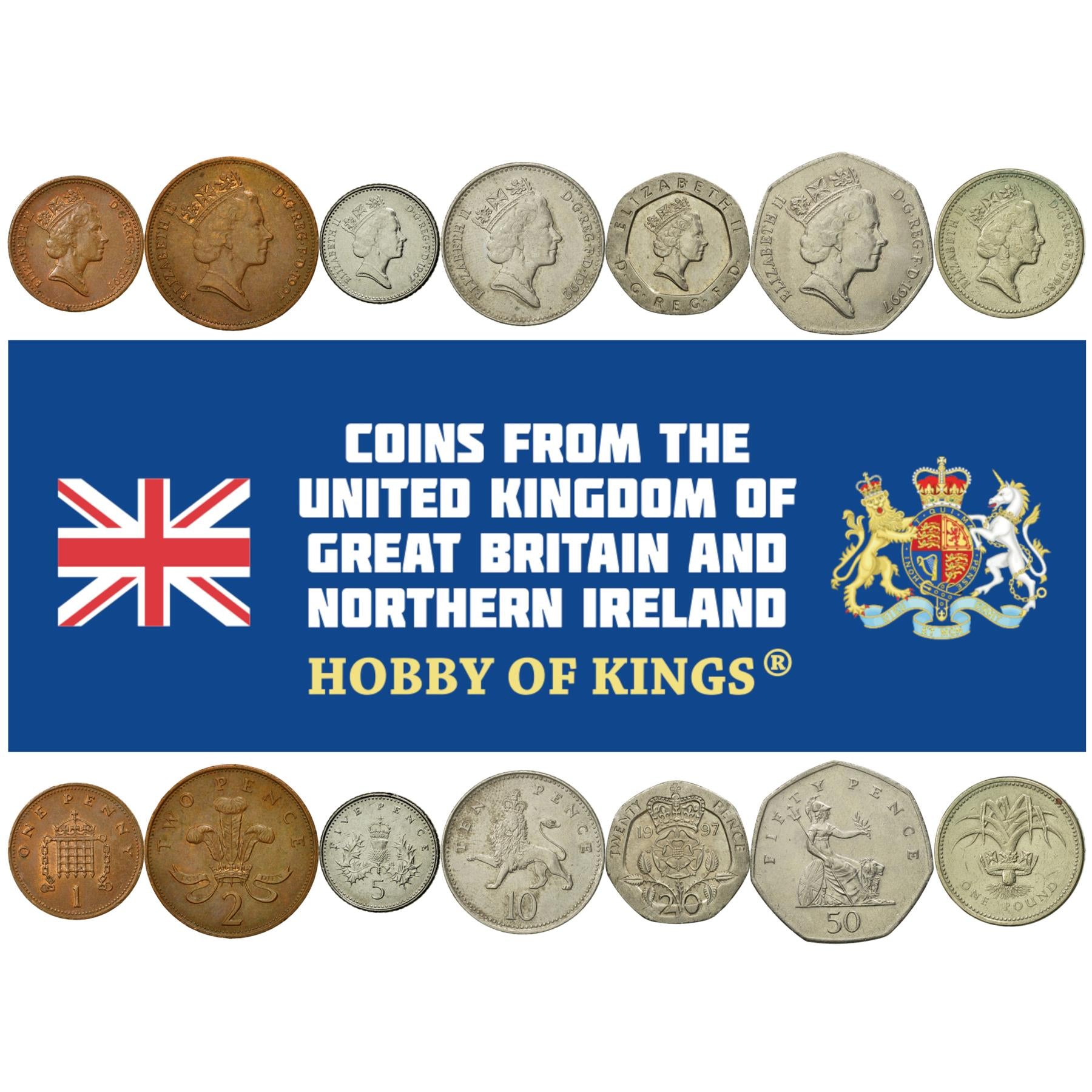 British 7 Coin Set 1 Penny 2 5 10 20 50 Pence 1 Pound | Elizabeth II | Lion | Britannia | United Kingdom | 1985 - 1997