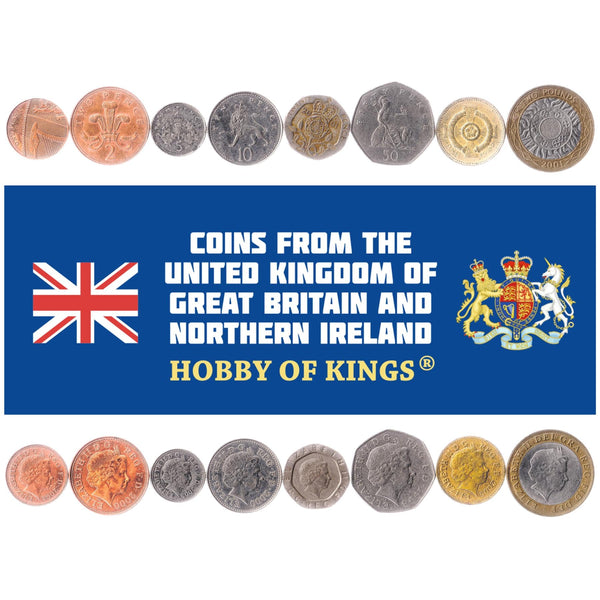 British 8 Coin Set 1 2 5 10 20 50 Pence 1 2 Pounds | Elizabeth II | Portcullis | Britannia | United Kingdom | 1998 - 2008