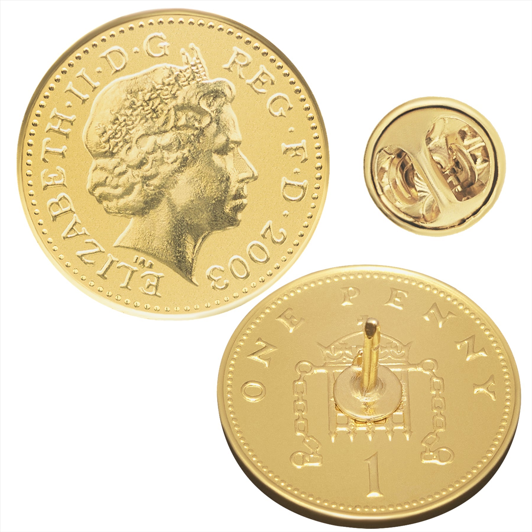 British Coin Pin Brooch Badge | Genuine One 1 Penny | 18K Gold Plated | Queen Elizabeth II