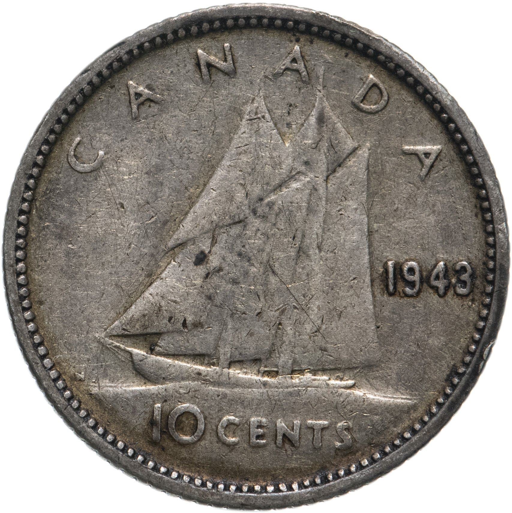 Canada Coin Canadian 10 Cents | King George VI | Bluenose Racing Ship | KM34 | 1937 - 1947