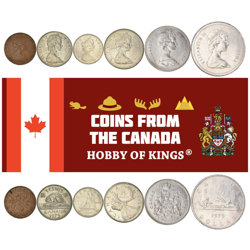 Canadian 6 Coin Set 1 5 10 25 50 Cents 1 Dollar | Queen Elizabeth II | Beaver | Reindeer | Maple Leaf | Bluenose | Birchbark Canoe | Canada | 1965 - 1987