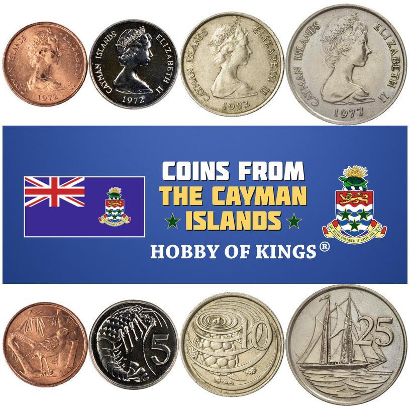 Cayman Islands | 4 Coin Set | 1 5 10 25 Cents | Grand Cayman Thrush | Crayfish | Green Turtle | 1972 - 1986