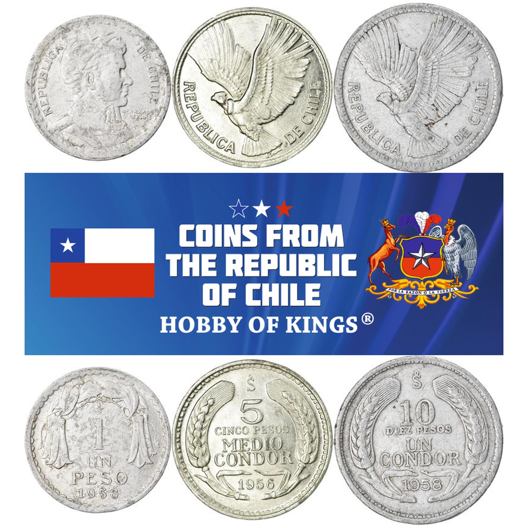 Chile 3 Coin Set 1 5 10 Pesos | KM 179a 180 181 | 1954 - 1959