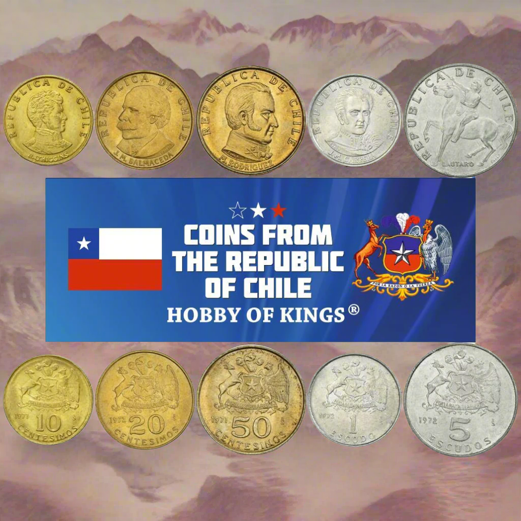 Chile | 5 Coin Set | 10 20 50 Centesimos 1 Escudo 5 Escudos | Bernardo O'Higgins | Arms of Chile | José Manuel Balmaceda Fernández | Manuel Javier Rodríguez Erdoíza | José Miguel Carrera Verdugo | Lautaro | 1971 - 1972