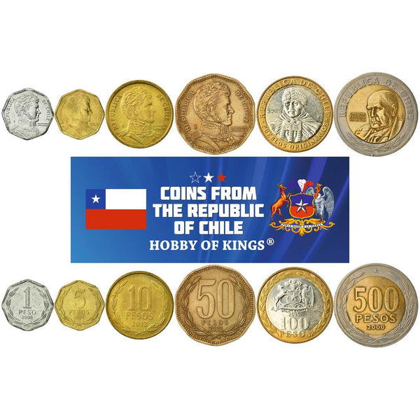 Chile | 6 Coin Set | 1 Peso 5 10 50 100 500 Pesos | Bernardo O'Higgins | Mapuche Indian Woman | Cardinal Raúl Silva Henríquez | 1981 - 2023
