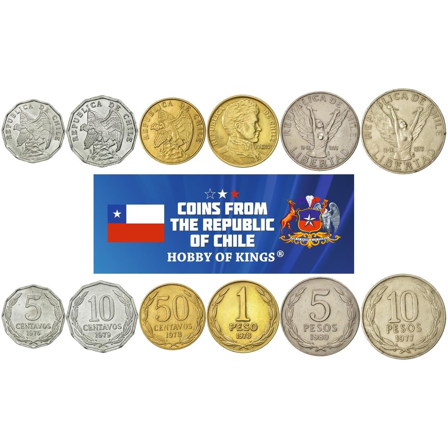 Chile 6 Coin Set 5 10 50 Centavos 1 5 10 Pesos | Chilena Condor | 1976 - 1980