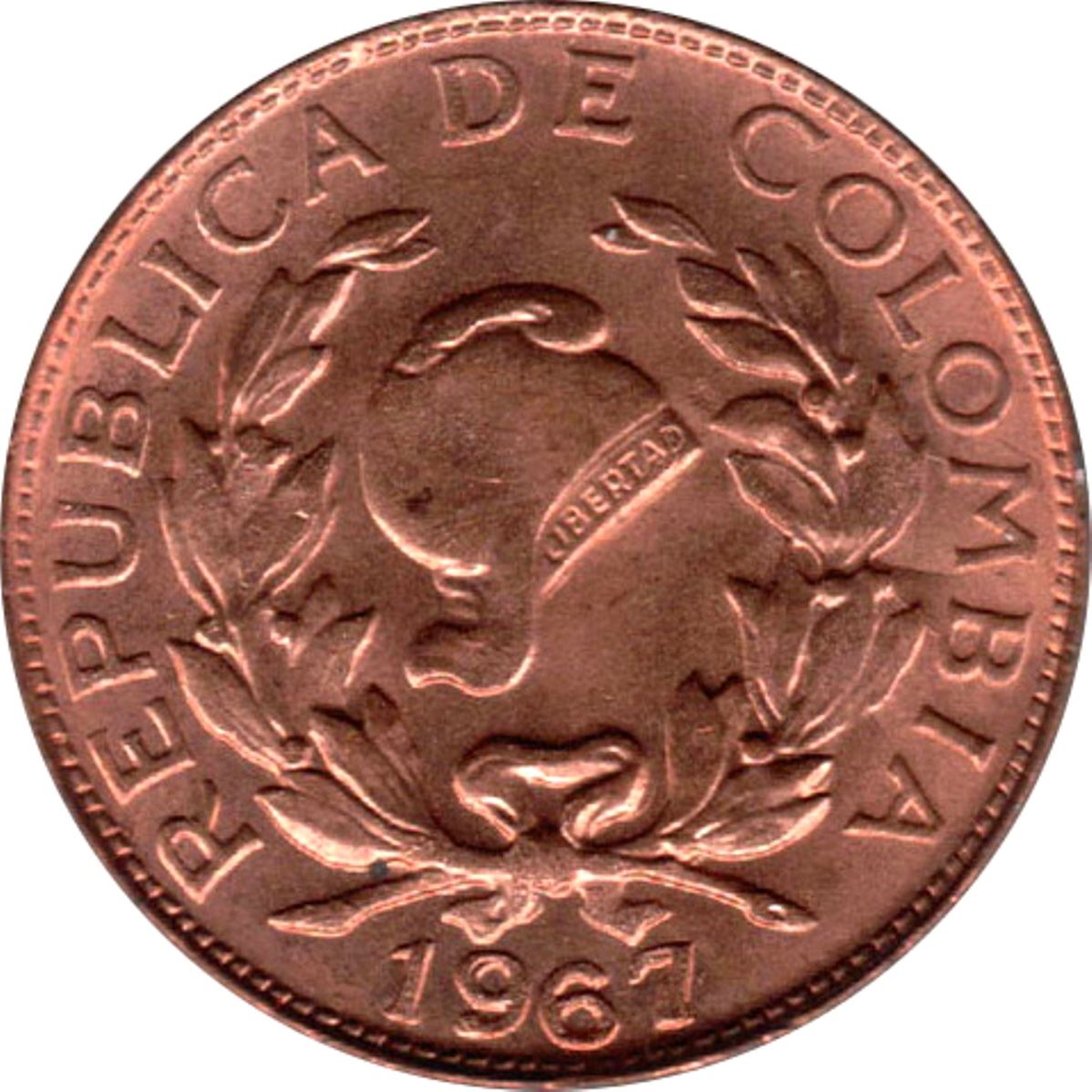 Colombia 1 Centavo Coin | Jacobin liberty cap | Coffee bean sprigs | 1967 - 1978