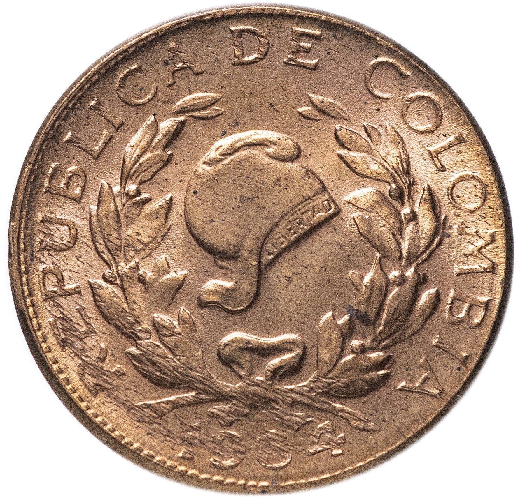 Colombia | 1 Centavo Coin | Phrygian Cap | Wreath | Coffee bean sprigs | 1942 - 1966