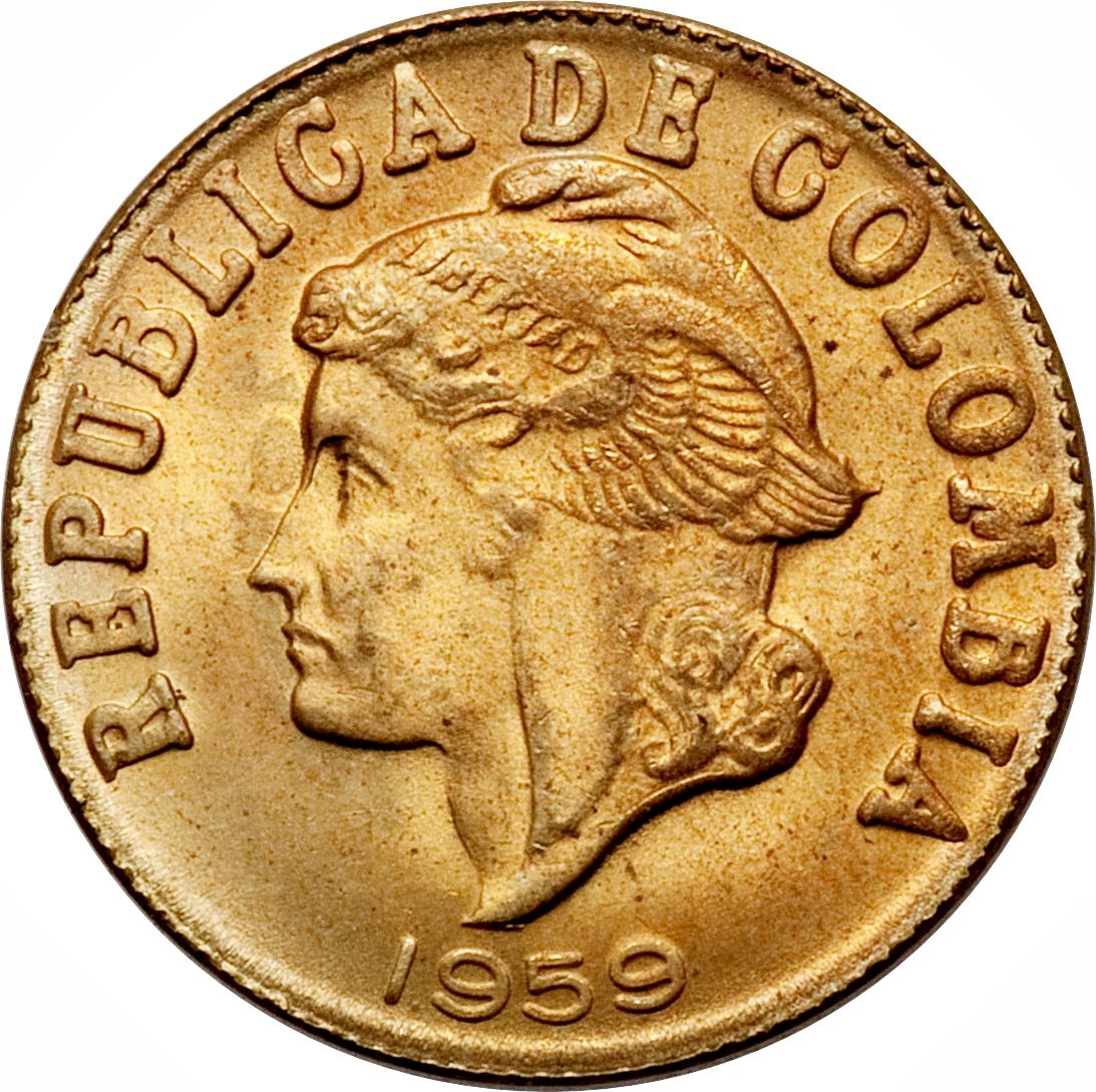 Colombia | 2 Centavos Coin | Winged head | liberty cap | Wreath | 1955 - 1959