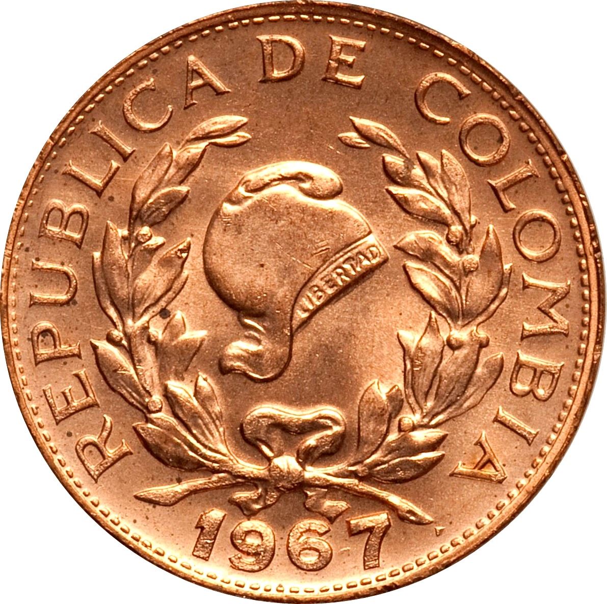 Colombia 5 Centavos Coin | Jacobin liberty cap | Coffee bean sprigs | 1967 - 1979