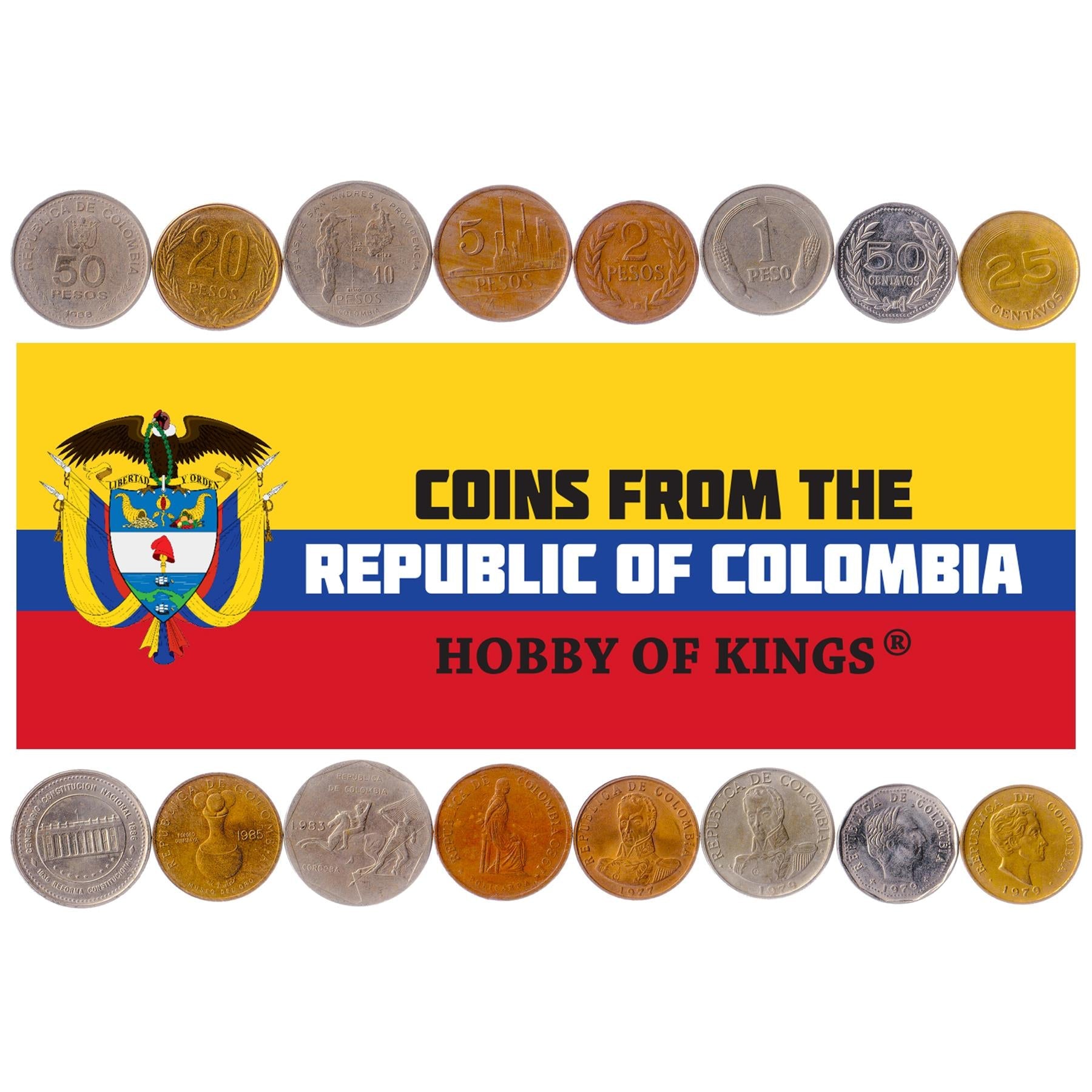 Colombian 8 Coin Set 25 50 Centavos 1 2 5 10 20 50 Pesos | 1977 - 1989