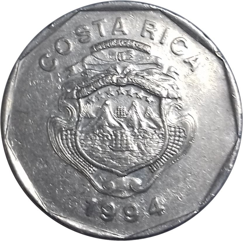 Costa Rica 20 Colones Coin | Stars | Volcno | Ship | Sun | KM216.3 | 1994