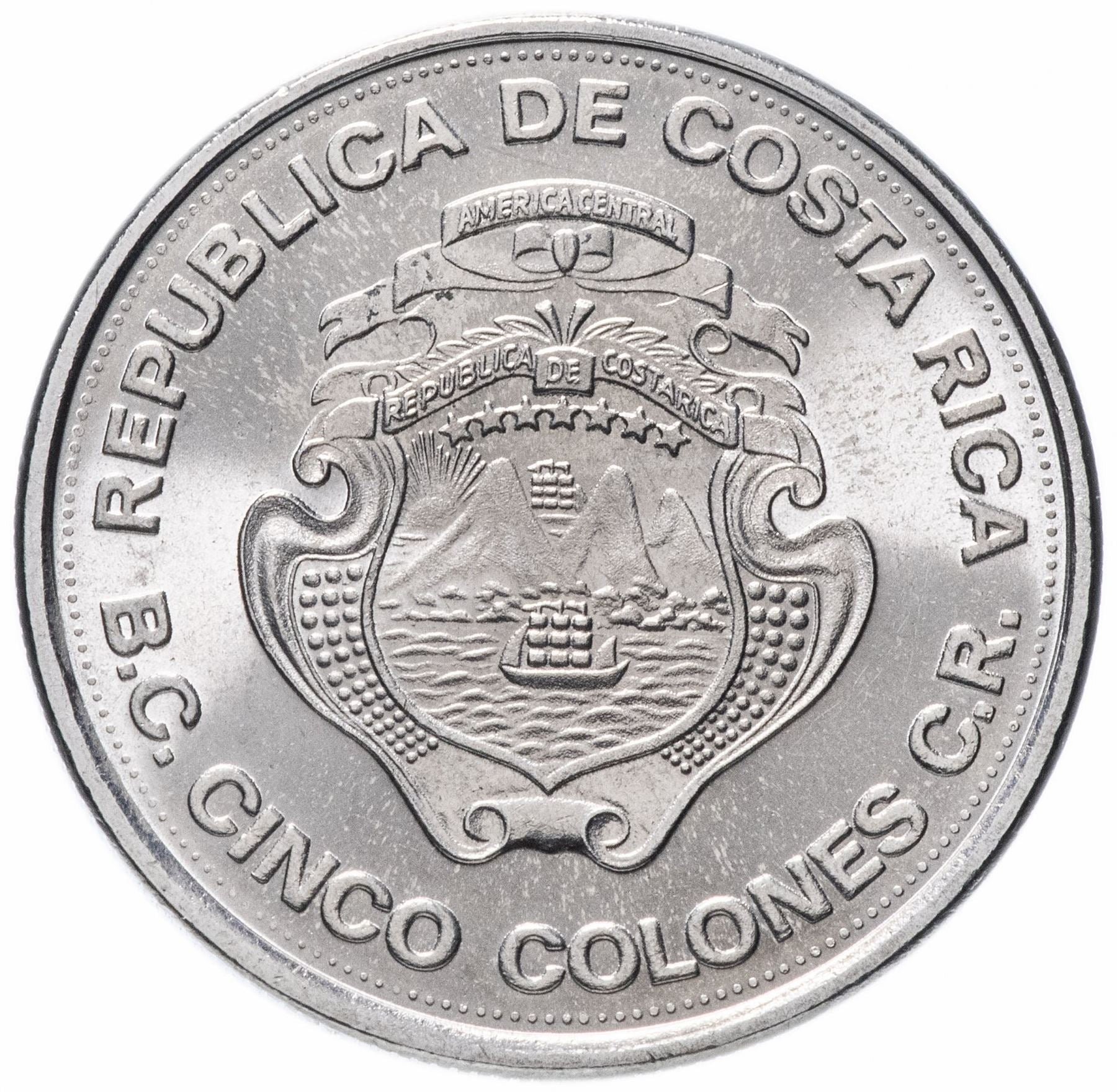 Costa Rica 5 Colones Coin | Stars | Volcno | Ship | KM203 | 1975