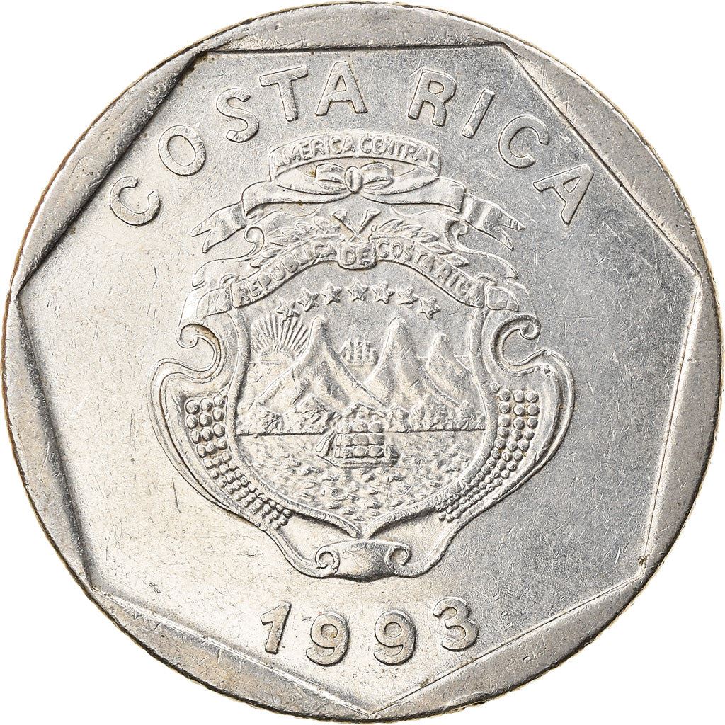 Costa Rica 5 Colones Coin | Stars | Volcno | Ship | Sun | KM214.3 | 1993