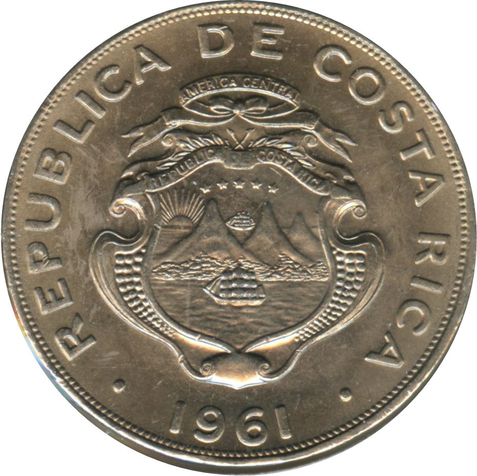 Costa Rica Coin | 1 Colón | Stars | Volcno | Ship | Sun | KM186.1a | 1961