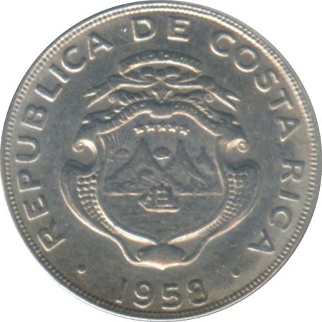 Costa Rica Coin | 5 Céntimos | Stars | Volcno | Ship | Sun | KM184.1a | 1953 - 1967