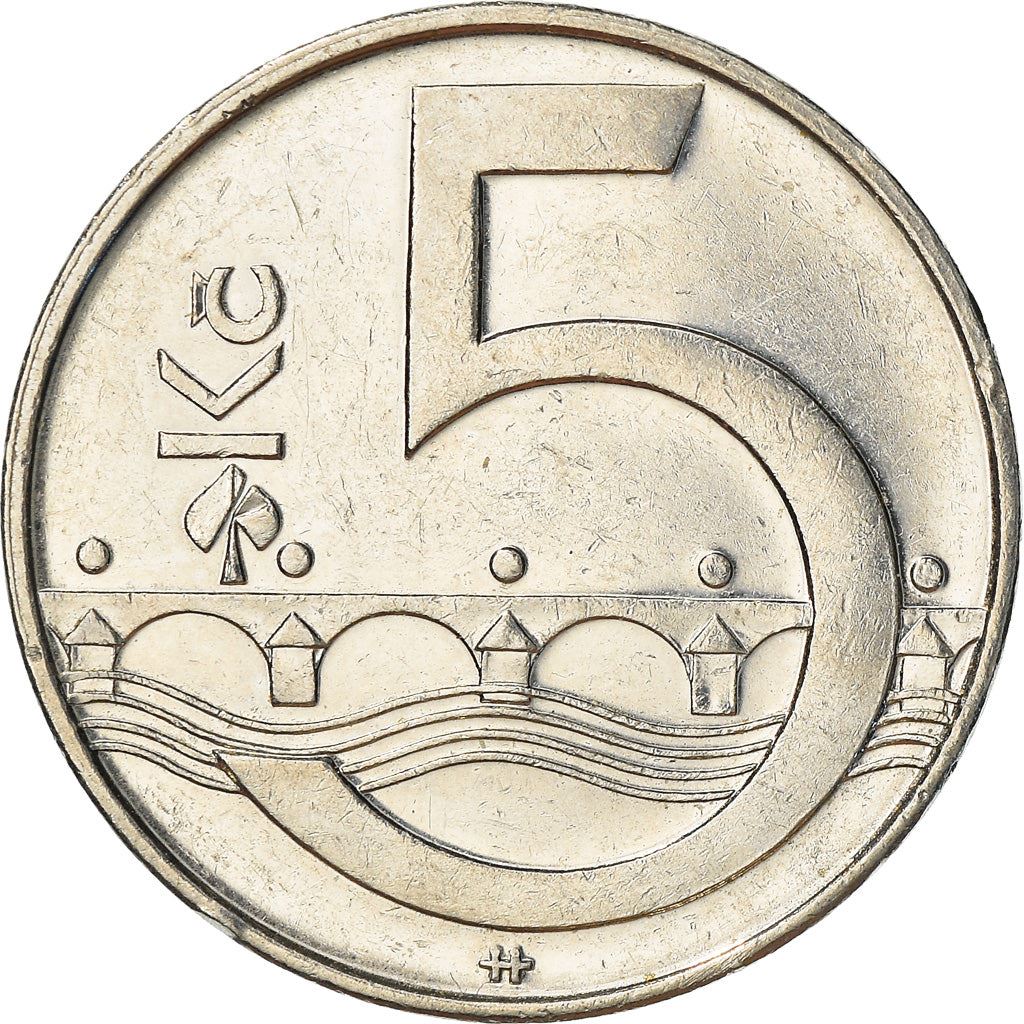 Czech Republic | 5 Korun Coin | Lion | Charles Bridges | Vltava River | KM8 | 1993 - 2021