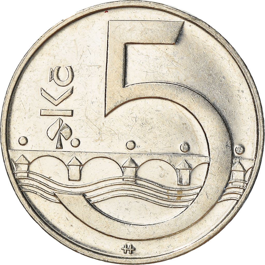 Czech Republic | 5 Korun Coin | Lion | Charles Bridges | Vltava River | KM8 | 1993 - 2021