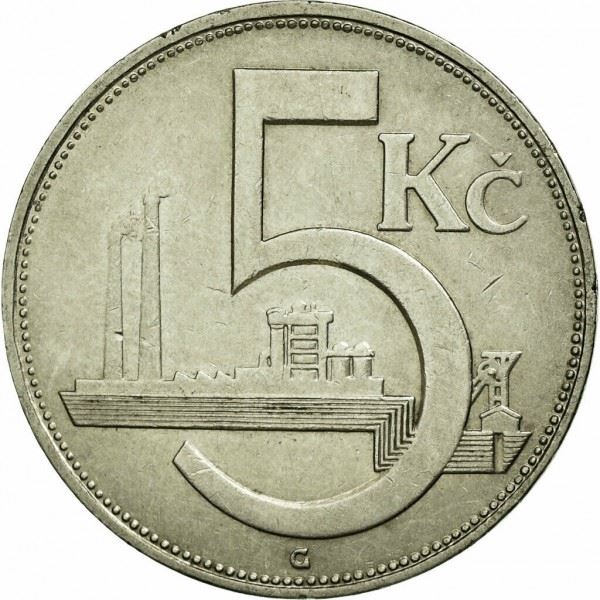 Czechoslovakia 5 Korun Coin | Factory | Lion | KM11a | 1937 - 1938