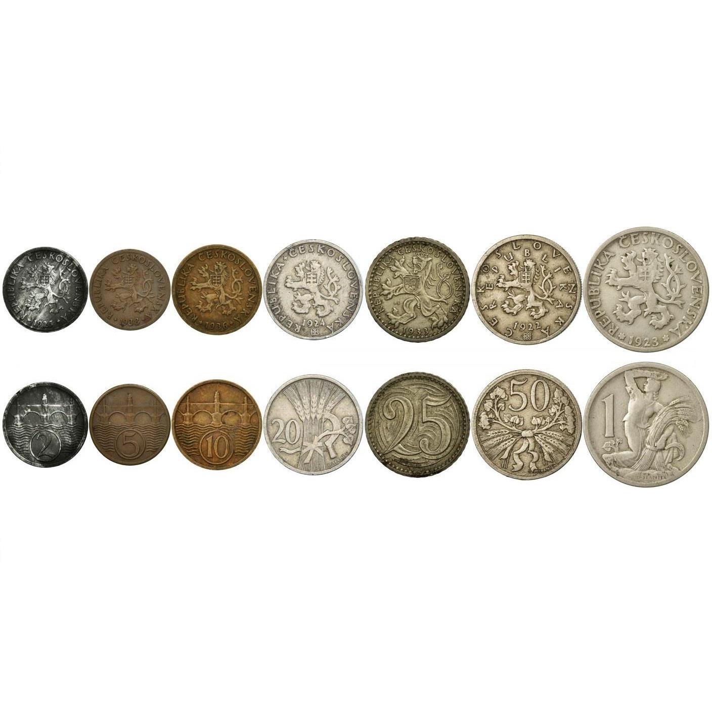 Czechoslovakia | 7 Coin Set | 2 5 10 20 25 50 Hellers 1 Koruna | Charles Bridge | Czech Lion | 1921 - 1938