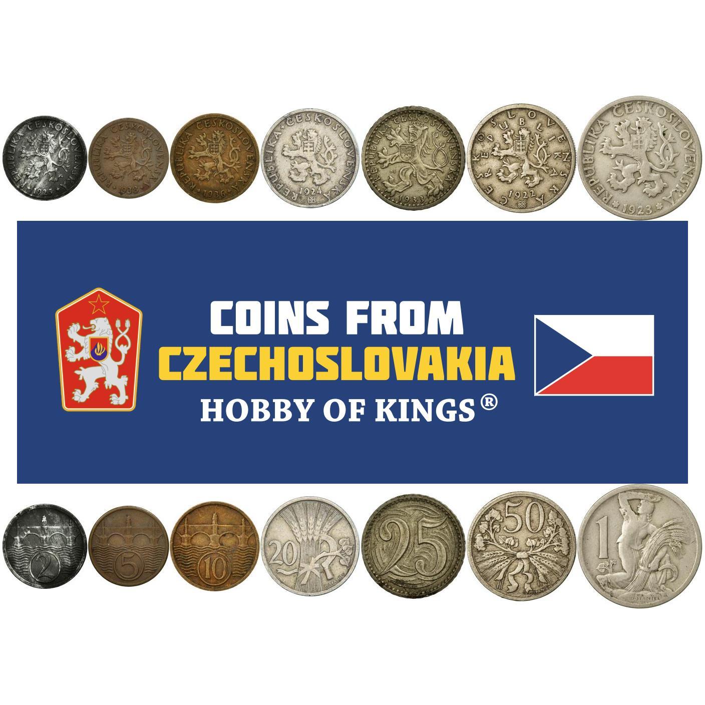 Czechoslovakia | 7 Coin Set | 2 5 10 20 25 50 Hellers 1 Koruna | Charles Bridge | Czech Lion | 1921 - 1938