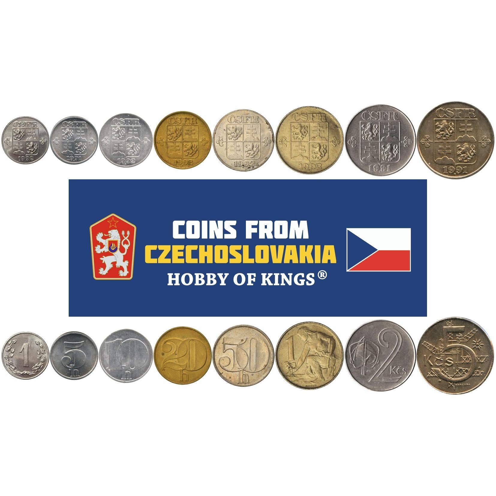 Czechoslovakia | 8 Coin Set | 1 5 10 20 50 Haleru 1 2 5 Korun | Linden wreath | ČSFR | M·KUČOVÁ | JN 2 Kčs | HARCUBA | 1991 - 1992