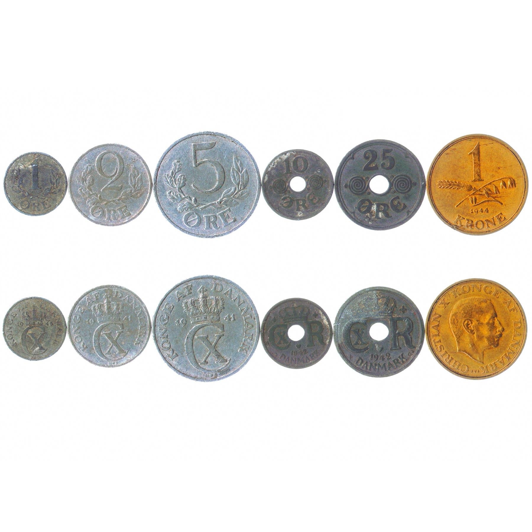 Danish 6 Coin Set 1 2 5 10 25 Øre 1 Krone | Christian X | 1941 - 1947