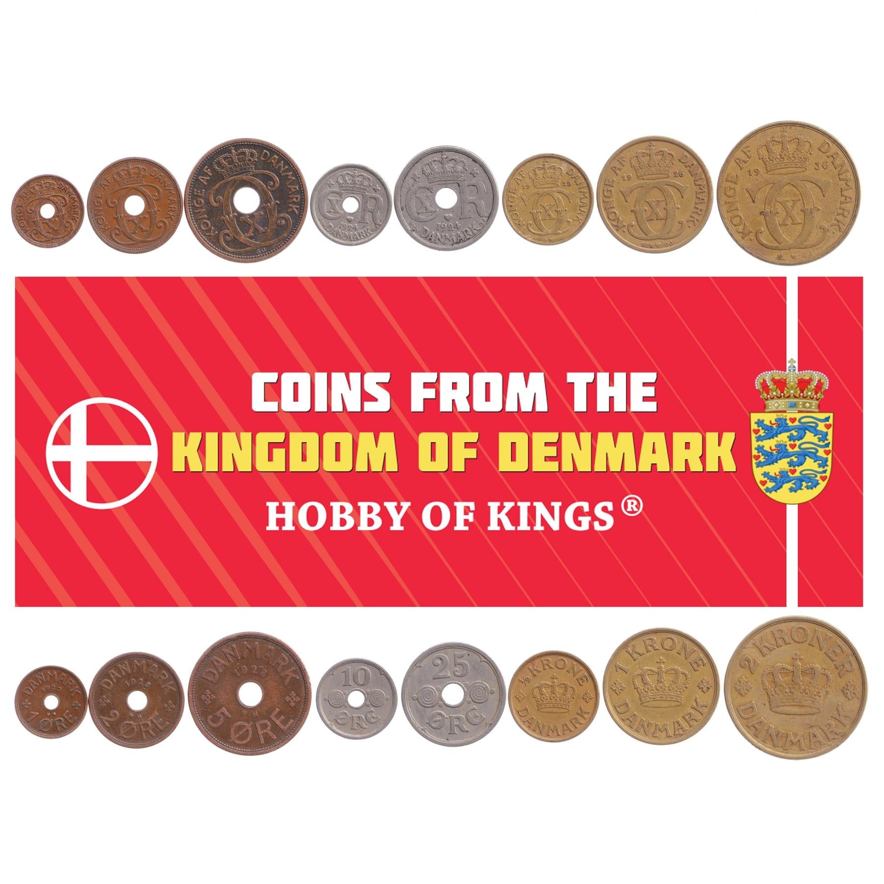 Danish 8 Coin Set 1 2 5 10 25 Øre ½ 1 2 Kroner | Christian X | 1924 - 1941