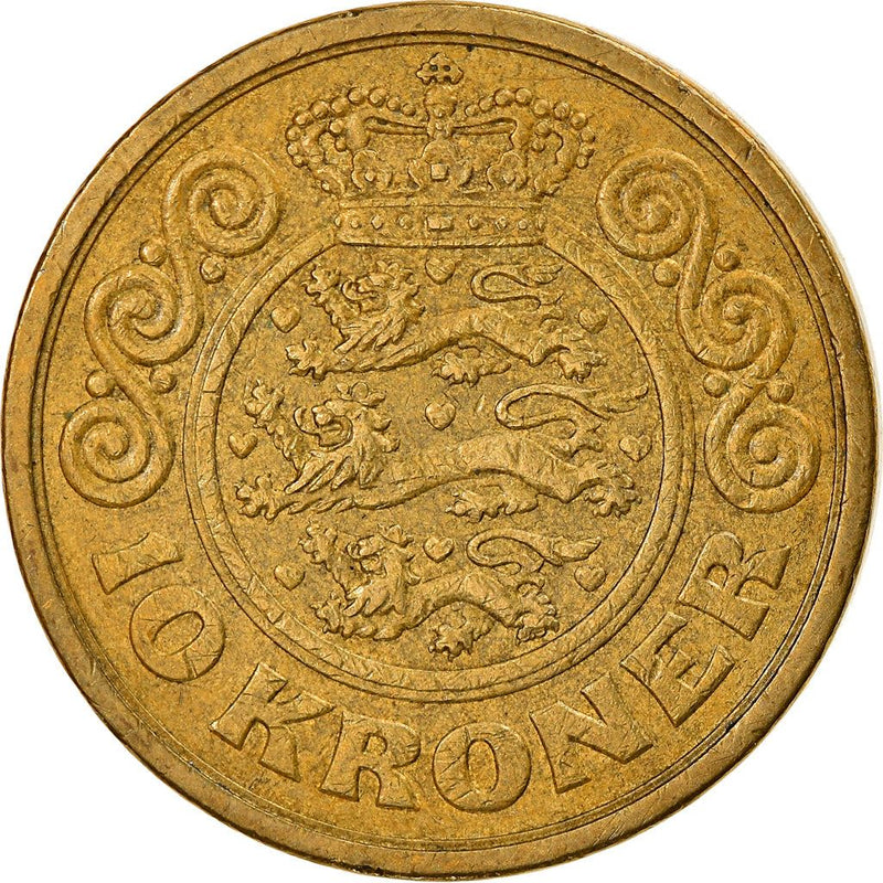 Danish Coin 10 Kroner | Queen Margrethe II 3rd portrait | KM877 | Denmark | 1994 - 1999