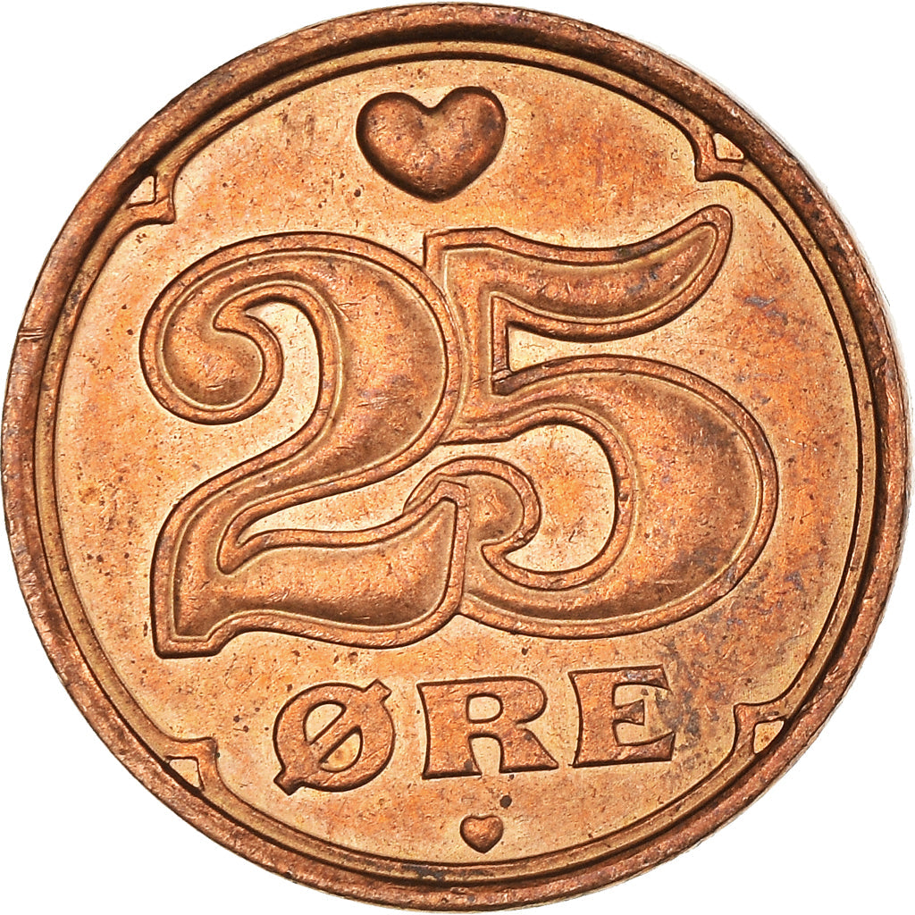 Danish Coin 25 Øre | Queen Margrethe II | Christian V Crown | Yhe Heart | KM868 | Denmark | 1990 - 2008