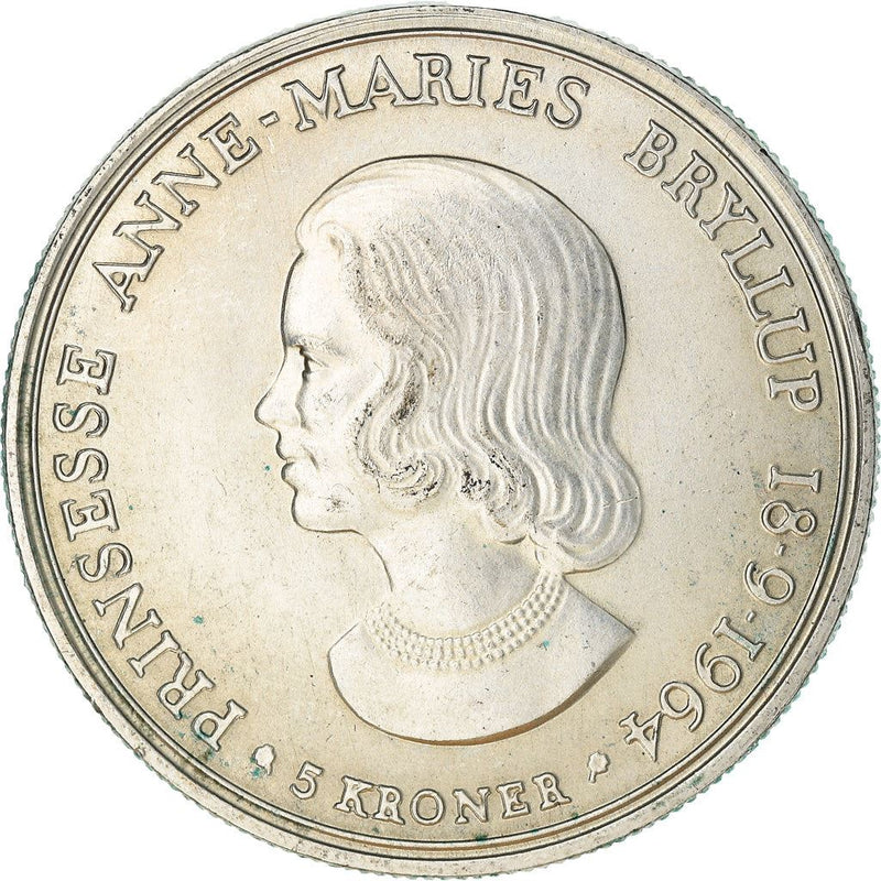 Danish Coin 5 Kroner | Frederik IX Wedding | Peincess Anne Marie | KM854 | Denmark | 1964