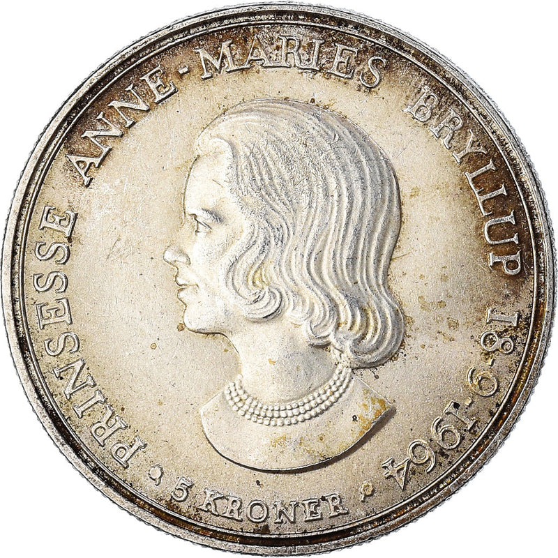 Danish Coin 5 Kroner | Frederik IX Wedding | Peincess Anne Marie | KM854 | Denmark | 1964