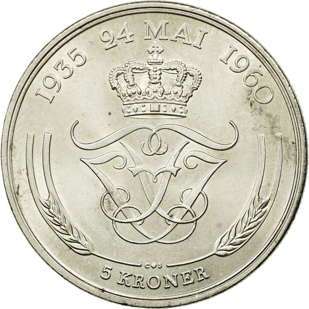 Danish Coin 5 Kroner | Queen Frederik IX Silver Wedding Anniversary | KM852 | Denmark | 1960