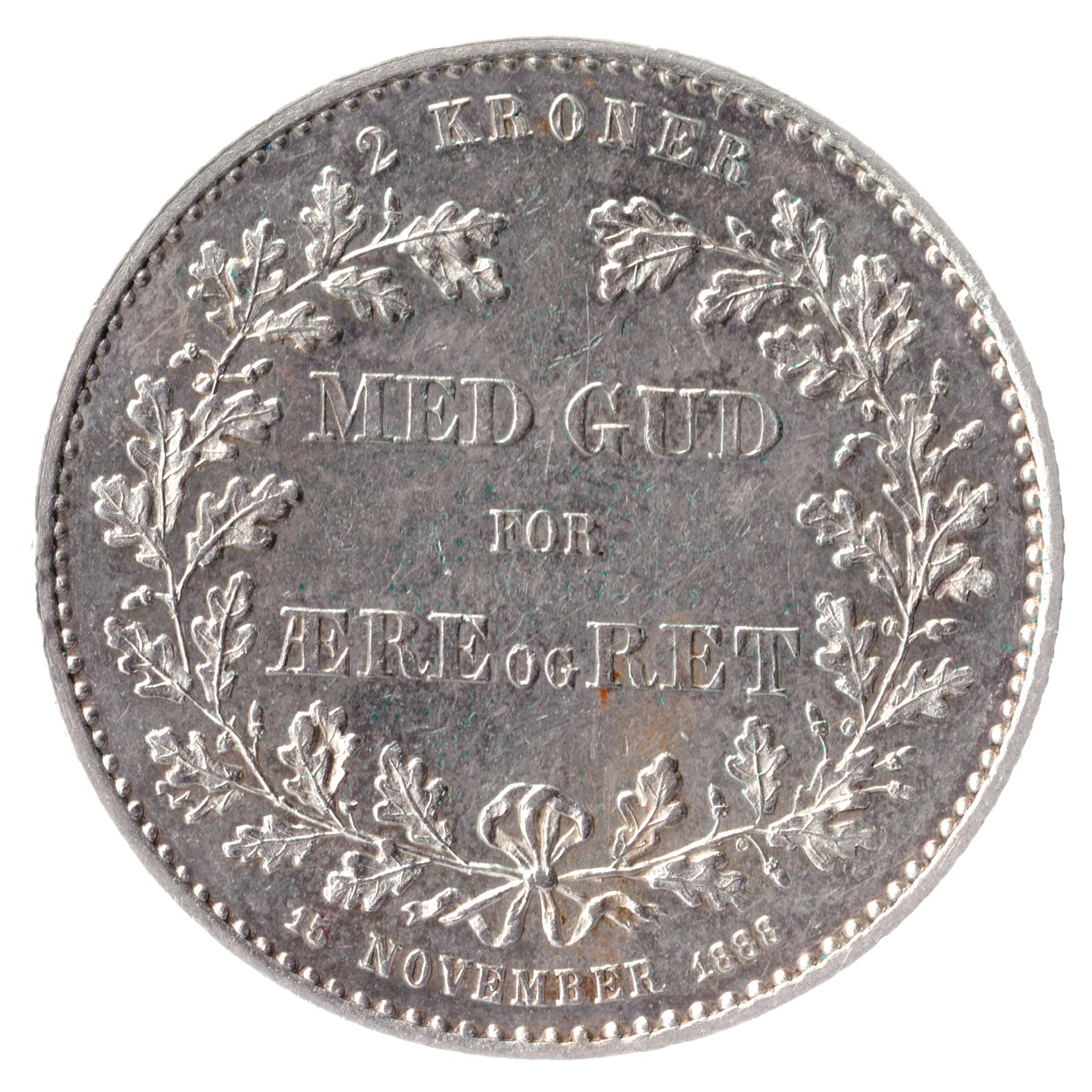 Denmark 2 Kroner Coin | Christian IX Anniversary of Reign | KM799 | 1888