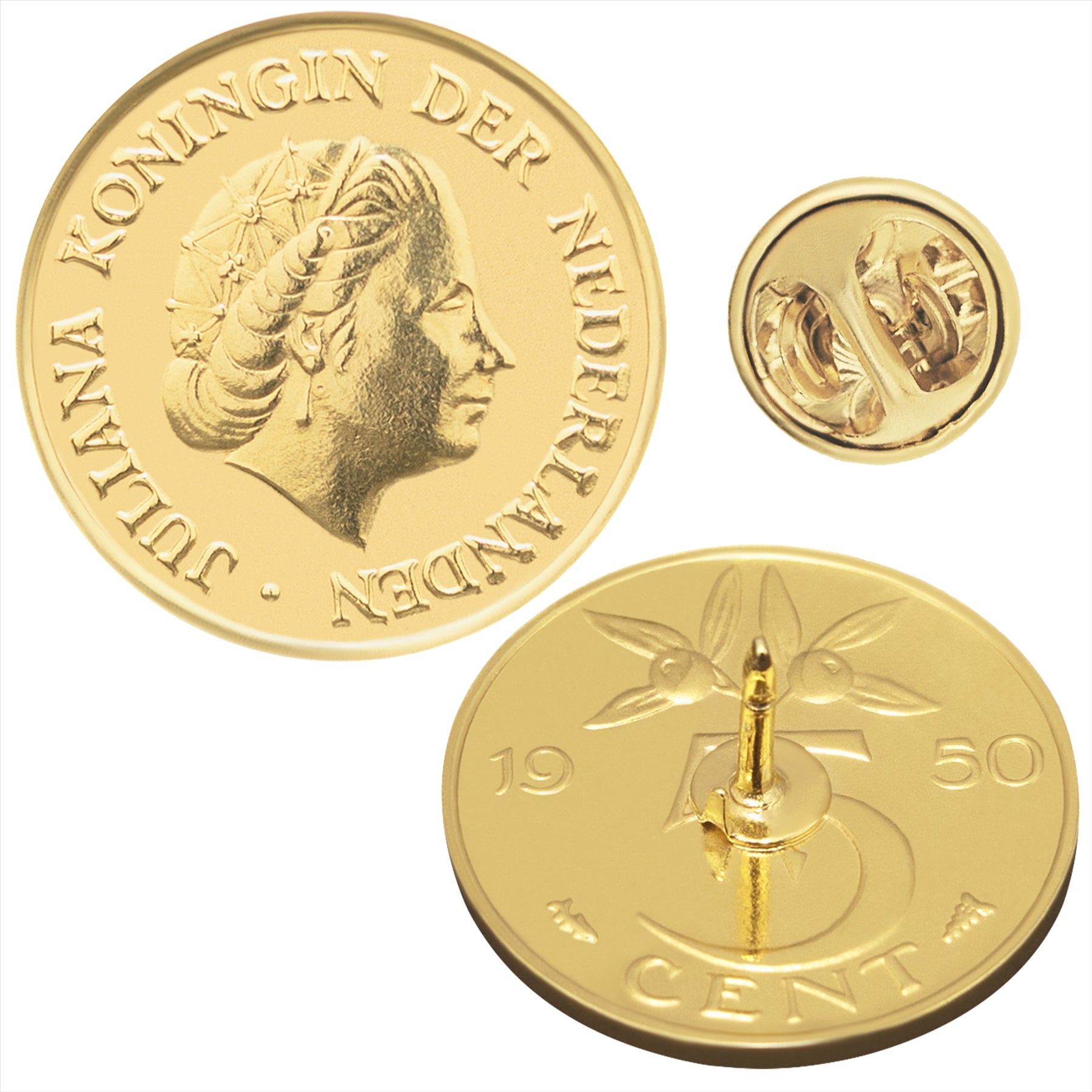 Dutch Coin Pin Brooch Badge | Genuine 5 Cent | 18K Gold Plated | Queen Juliana