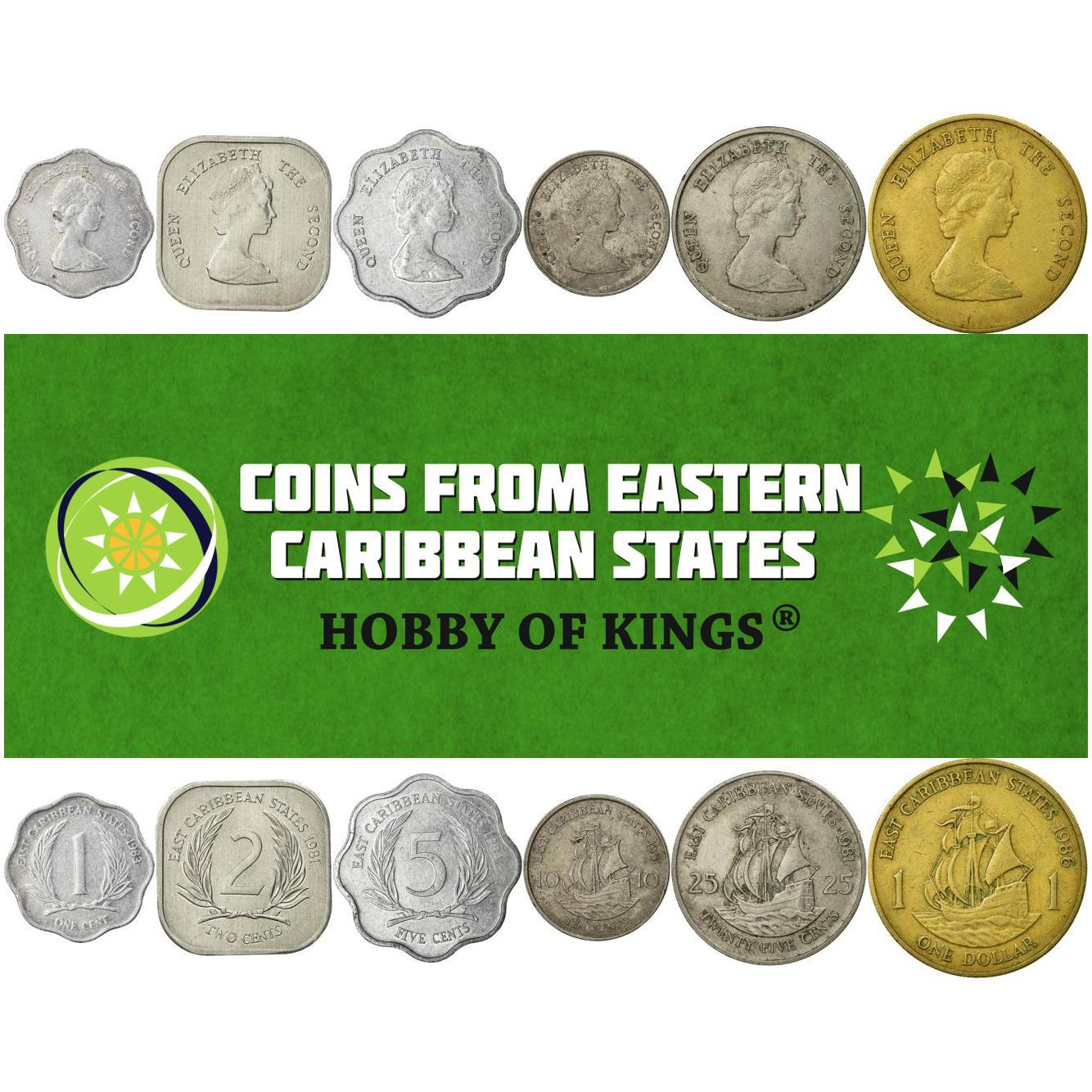 Eastern Caribbean | 6 Coin Set | 1 Cent 2 5 10 25 Cents 1 Dollar | Palm Tree Fronds | Golden Hind | Elizabeth II | 1981 - 2001