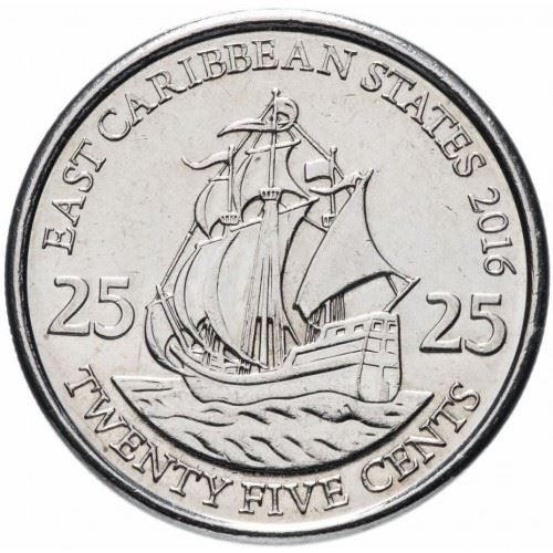 Eastern Caribbean States | 25 Cents Coin | Queen Elizabeth II | Golden Hind Ship | KM38a | 2010 - 2020