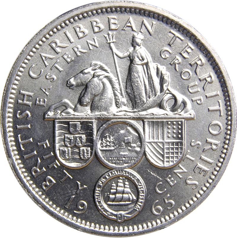 Eastern Caribbean States 50 Cents Coin | Queen Elizabeth II | Water Queen | Trident | Seahorse | KM7 | 1955 - 1965