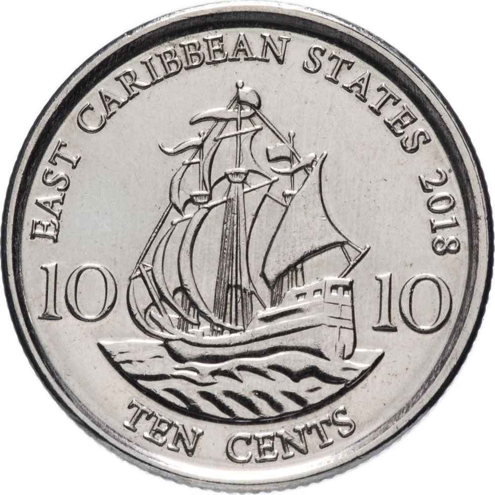 Eastern Caribbean States Coin 10 Cents | Queen Elizabeth II | Golden Hind Ship | KM37a | 2009 - 2019