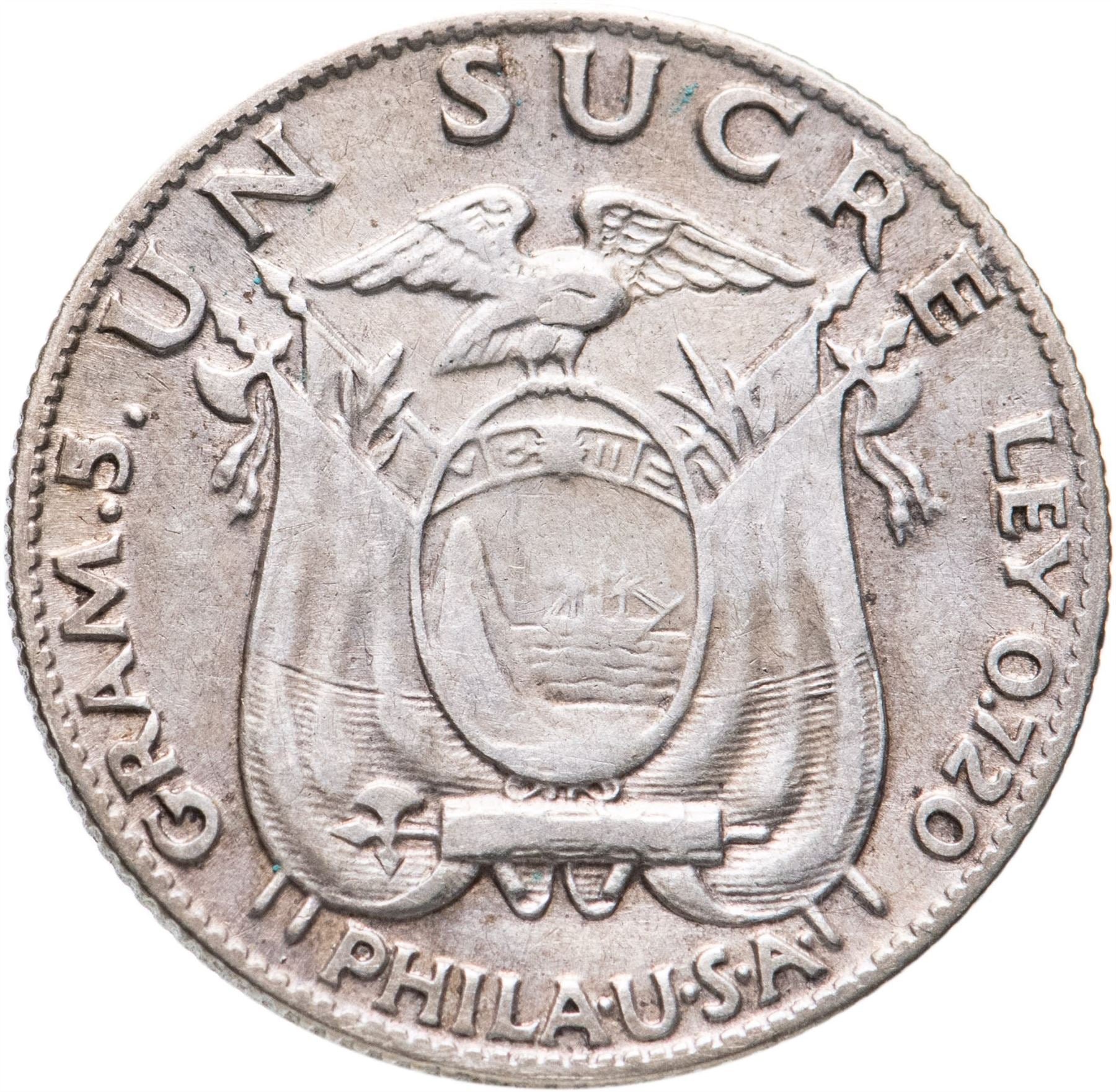 Ecuador 1 Sucre Coin | Antonio Jose de Sucre | KM72 | 1928 - 1934