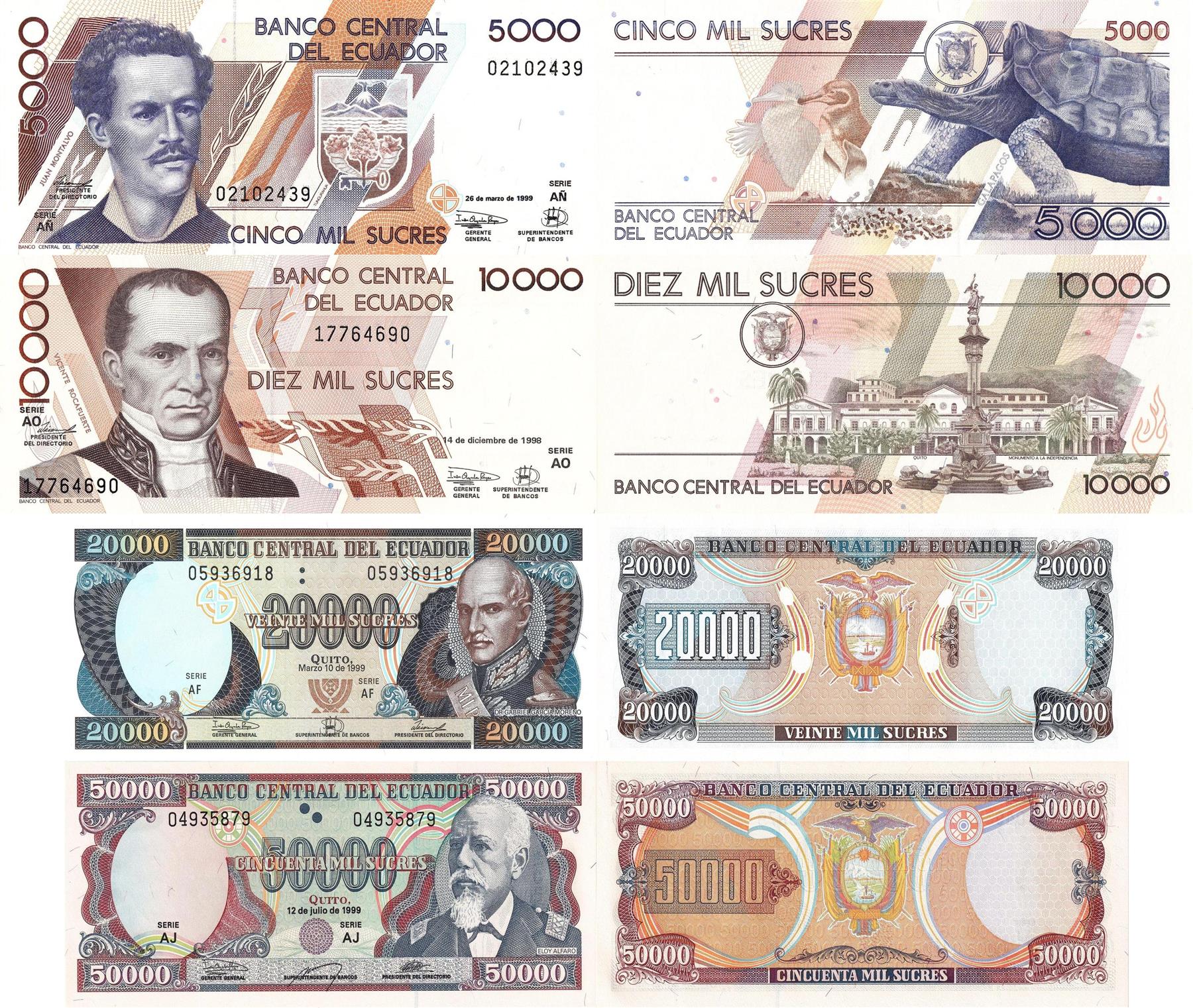 Ecuador | 4 Banknote Set | 5000 10 000 20 000 50 000 Sucres | 1988 - 1995