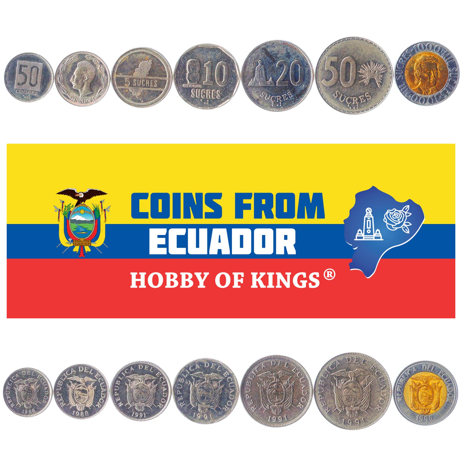 Ecuador | 7 Coin Set | 50 Centavos 1 5 10 20 50 1000 Sucres | 1988 - 1996