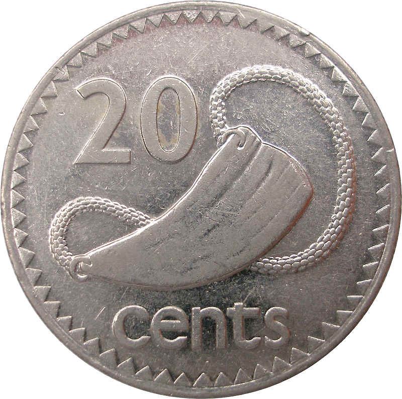 Fiji | 20 Cents Coin | Elizabeth II | Tabua | Sperm Whale | KM53a | 1990 - 2006