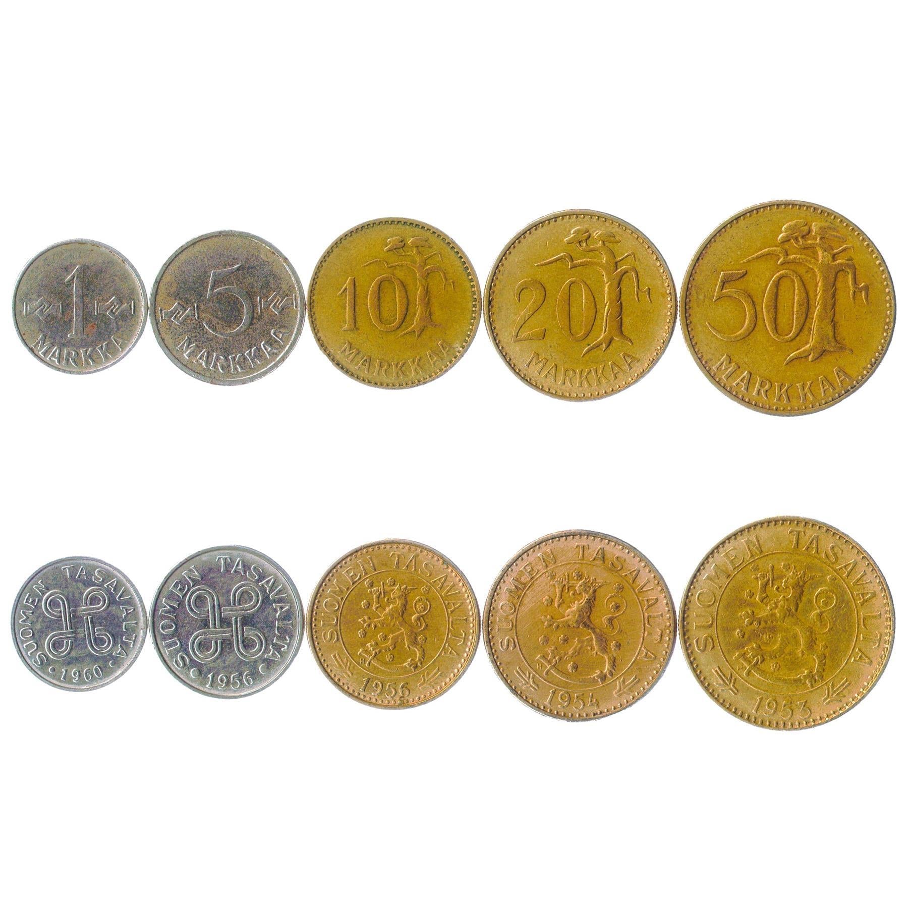 Finnish 5 Coin Set 1 5 10 20 50 Markkaa | Tree | Saint Hannes Cross | Finland | 1952 - 1962