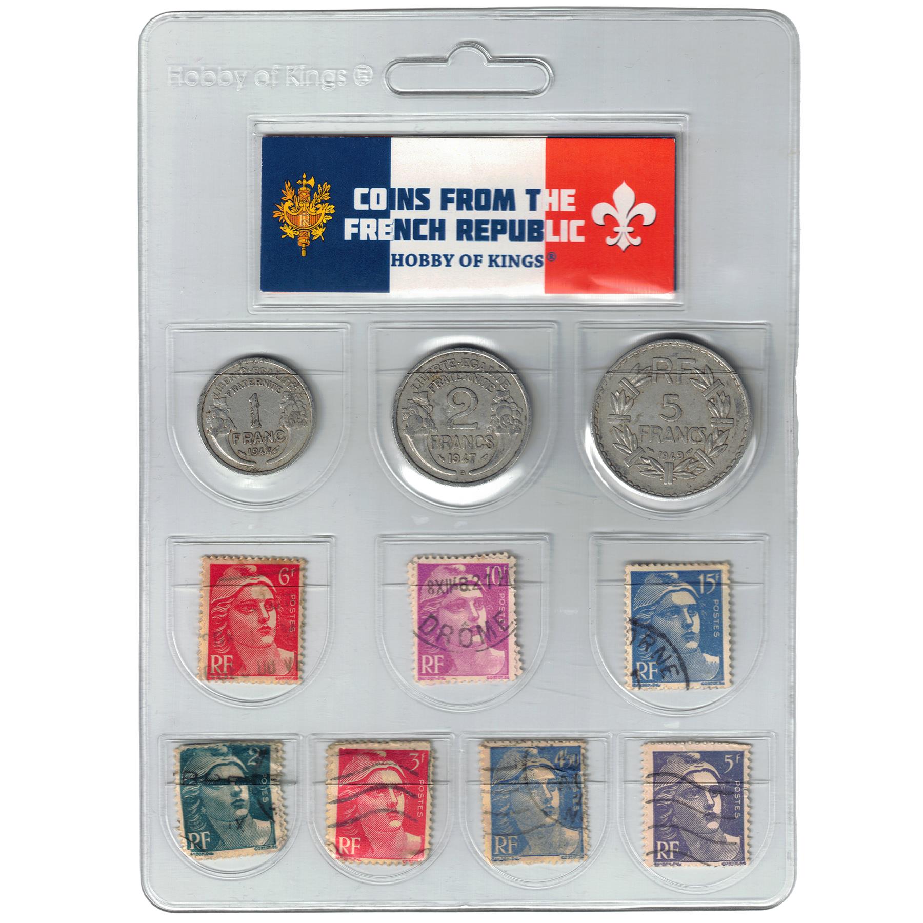 France 3 Coin Set | 1 2 5 Francs | 14 French Postage Stamps | Marianne de Gandon | 1945 - 1951