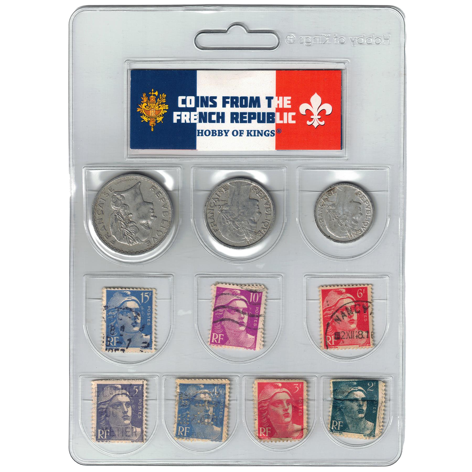 France 3 Coin Set | 1 2 5 Francs | 14 French Postage Stamps | Marianne de Gandon | 1945 - 1951