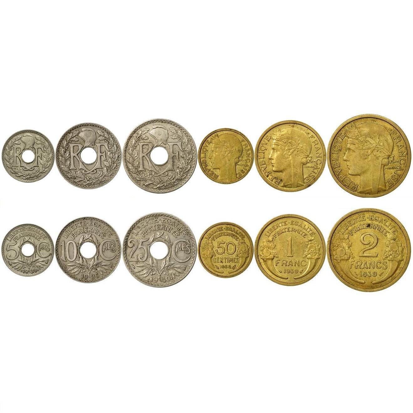 France | 6 Coin Set | 5 10 25 50 Centimes 1 Franc 2 Francs | Phrygian cap | Marianne | 1931 - 1947