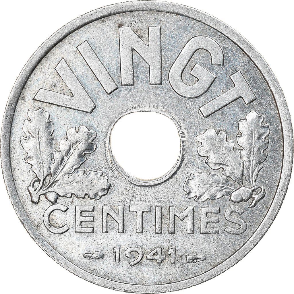 French | 20 Centimes Coin | Vichy French State | KM899 | France | 1941