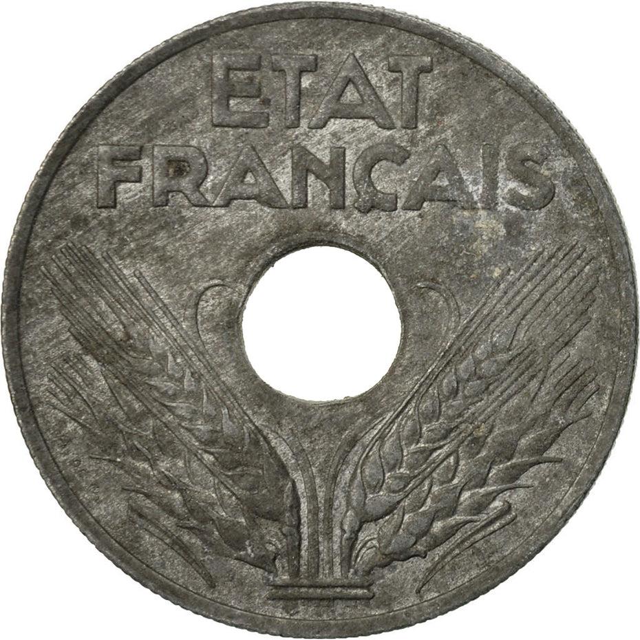 French | 20 Centimes Coin | Vichy French State | Zinc | heavy type | KM900 | France | 1941 - 1943