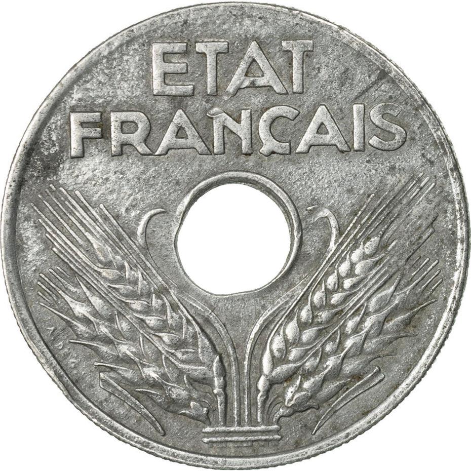 French | 20 Centimes Coin | Vichy French State | Zinc | heavy type | KM900 | France | 1941 - 1943